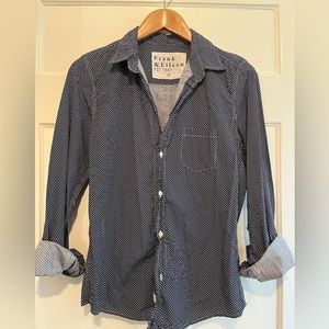 Frank & Eileen Classic Blue Polka button up shirt. Size M